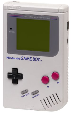 The white Nintendo gameboy on a blanc background with dark pink buttons towards the viewer